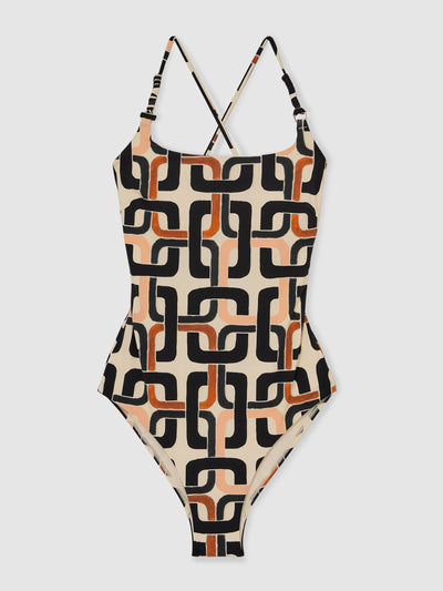 Reiss Florence chain-print square-neck swimsuit in brown/cream at Collagerie