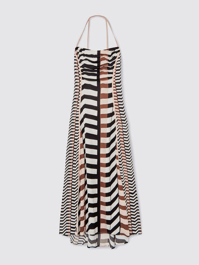 Reiss Georgie chevron-stripe ruched midi dress in black/brown at Collagerie