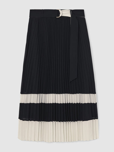 Reiss Goldie belted pleated midi skirt in navy/ivory at Collagerie