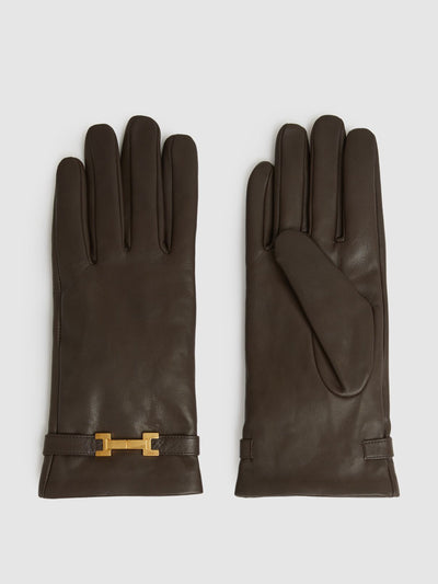 Reiss Harriet leather hardware-embellished gloves in chocolate at Collagerie