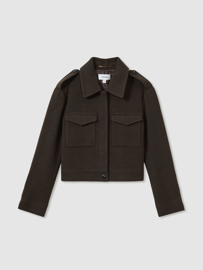 Reiss Nova wool-blend cropped jacket in mocha brown at Collagerie