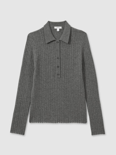 Reiss Jade wool cable knit polo neck jumper at Collagerie