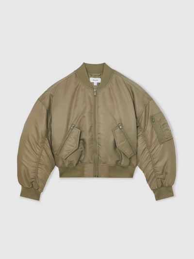 Reiss Juniper technical puffer bomber jacket in khaki at Collagerie