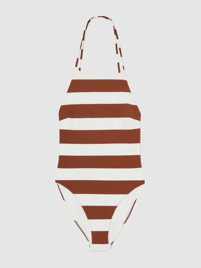 Reiss Kennedy stripe cross-back swimsuit in brown/white at Collagerie