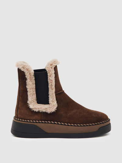 Reiss Lexi suede faux fur-trim ankle boots in chocolate at Collagerie