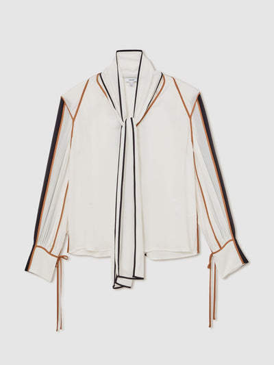 Reiss Lulu tipped tie-neck blouse in ivory at Collagerie