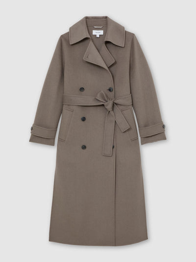 Reiss Luna petite wool-blend belted blindseam coat in mink at Collagerie