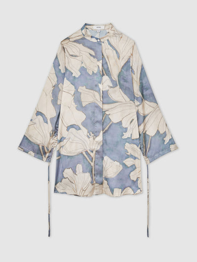 Reiss Megan floral print gathered cut out shirt dress in blue at Collagerie