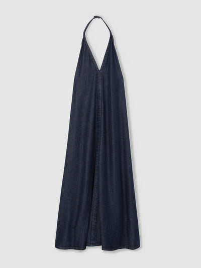 Reiss Rachel denim halterneck maxi dress in indigo at Collagerie