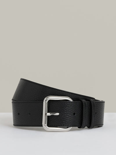 Reiss Robyn leather square roller buckle belt in black at Collagerie