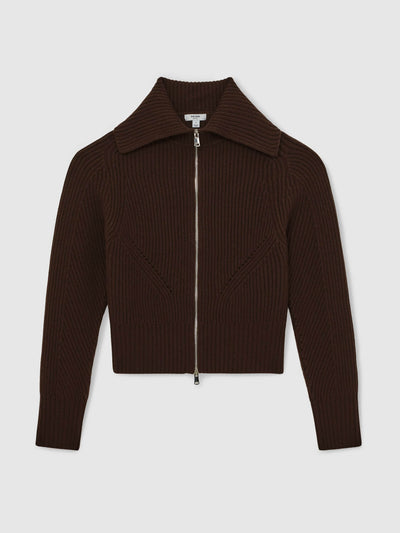 Reiss Ruby wool zip-through rib-knit cardigan in chocolate brown at Collagerie
