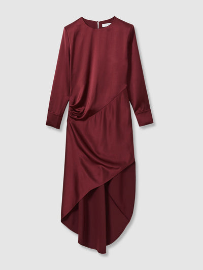 Reiss Valli satin asymmetric draped maxi dress in burgundy at Collagerie