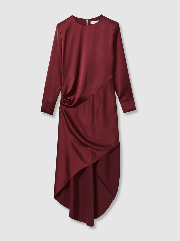 Valli satin asymmetric draped maxi dress in burgundy Clothing Reiss - Collagerie