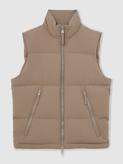 Reiss Saturn quilted zip-through puffer gilet in light camel brown at Collagerie