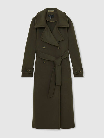 Reiss Scarlett atelier wool belted blindseam coat in khaki at Collagerie