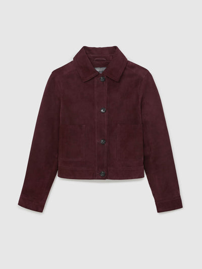 Reiss Sonny petite suede button-through jacket in burgundy at Collagerie