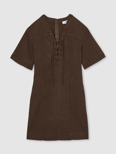 Reiss Tia lace up denim shirt dress in chocolate at Collagerie