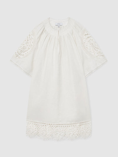 Reiss Carina linen embroidered shift dress in ivory at Collagerie