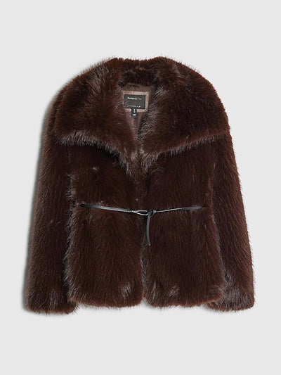 River Island Brown short belted faux fur coat at Collagerie