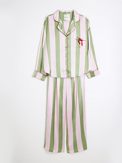 River Island Girls pink satin Christmas stripe pyjama set at Collagerie