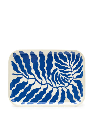 Royal Academy Leaves deep blue mini rectangle birch serving tray at Collagerie