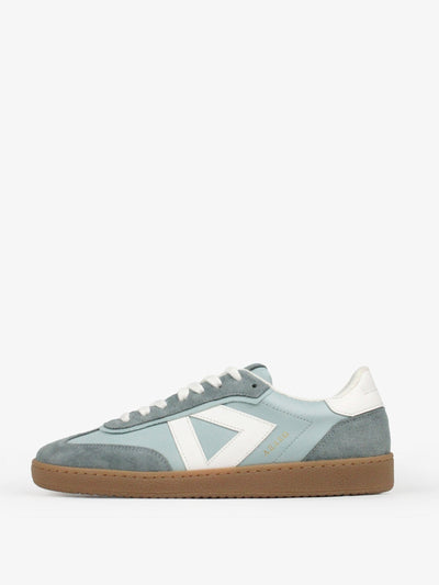 Sans Matin Hera low top trainers in soft teal leather & denim blue suede at Collagerie
