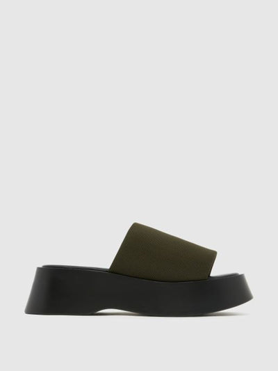 Schuh Tash wedge mules in khaki at Collagerie
