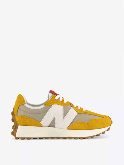 New Balance 327 logo-embroidered suede and woven low-top trainers at Collagerie