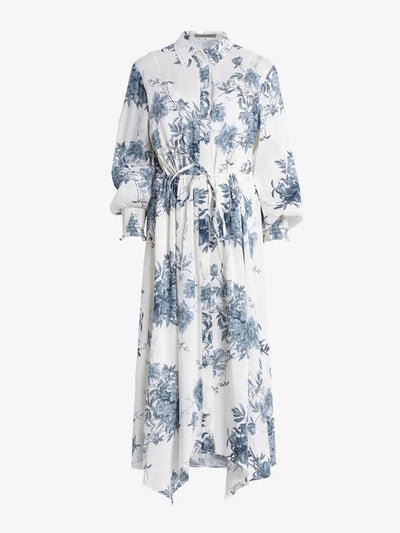 Allsaints Skye Dekorah graphic-print asymmetric-hem silk and linen-blend midi dress at Collagerie