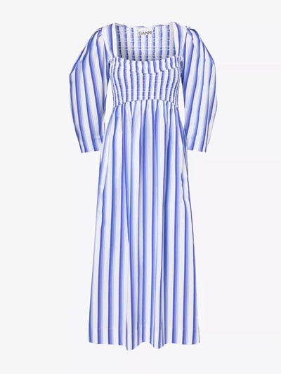 Ganni Striped balloon-sleeve organic-cotton midi dress at Collagerie