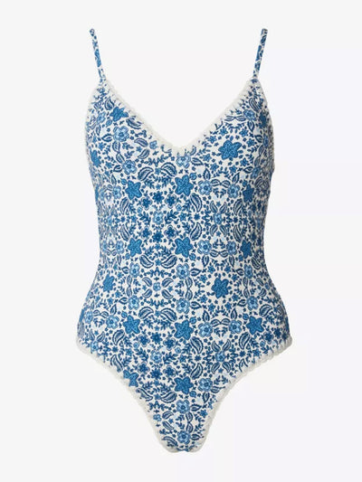 Malina Nila V-neck crochet-trim recycled-nylon swimsuit at Collagerie