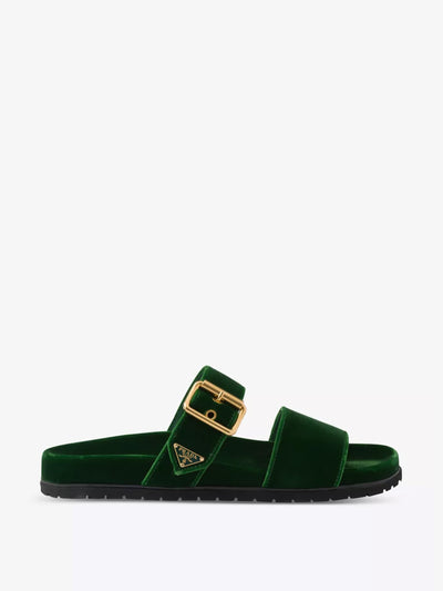 Prada Brand-plaque buckled velvet sliders at Collagerie