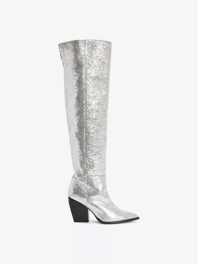 All Saints Reina metallic heeled over-the-knee leather boots at Collagerie