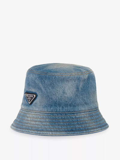 Prada Brand-plaque wide-brim denim bucket hat at Collagerie
