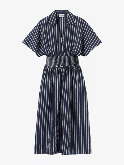 Claudie Pierlot Stripe wrap-front short-sleeve woven midi dress at Collagerie