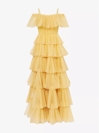Huishan Zhang x Disney Gala ruffled woven gown at Collagerie