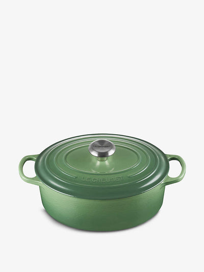 Le Creuset Oval cast-iron casserole dish in Bamboo Green at Collagerie