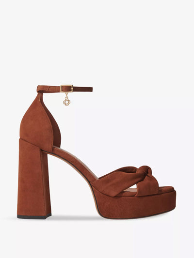 Maje Clover-embellished twist-strap heeled suede sandals at Collagerie