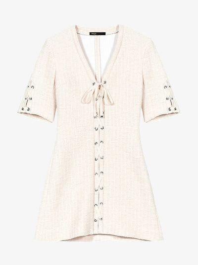 Maje Lace-up tweed-effect cotton mini dress at Collagerie