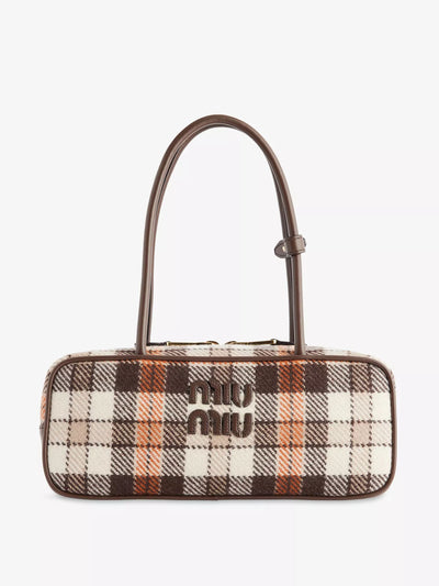 Miu Miu Beau tartan small wool-blend top handle bag at Collagerie