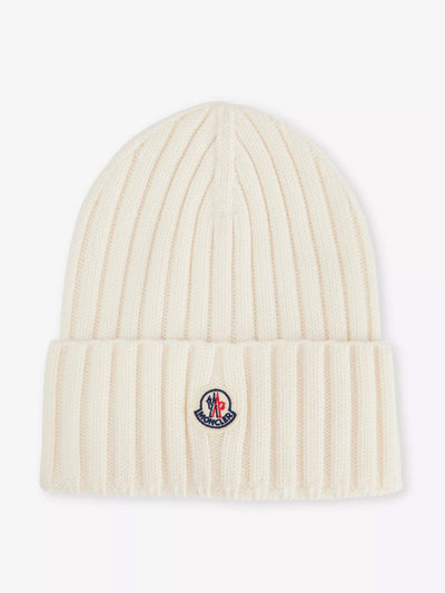 Moncler Brand-appliqué ribbed wool knitted beanie at Collagerie