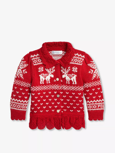 Polo Ralph Lauren Girls reindeer-intarsia cotton and wool knitted cardigan at Collagerie