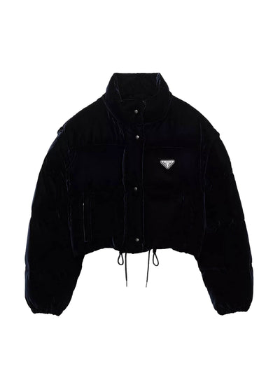 Prada Logo-embellished velvet down jacket at Collagerie
