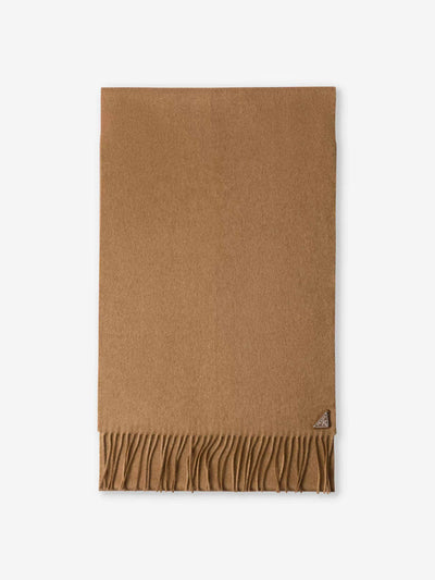 Prada Logo-plaque fringed-trim silk and cashmere-blend scarf at Collagerie