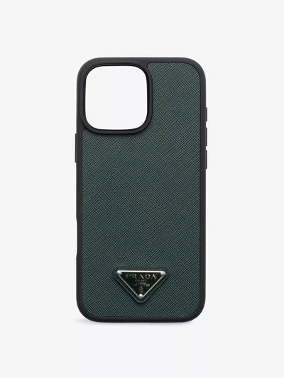 Prada Logo-Plaque Saffiano Leather iPhone 16 Pro Phone Case at Collagerie