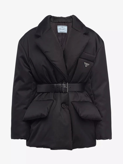 Prada Re-Nylon belted recycled nylon-down jacket at Collagerie