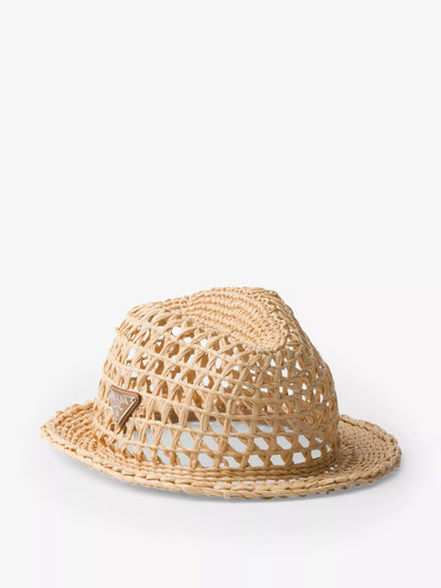 Prada Triangle-plaque raffia-effect woven fedora hat at Collagerie
