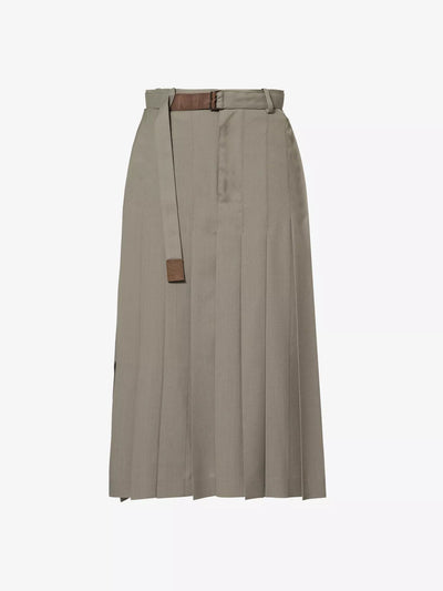 Sacai Box-pleat split-hem woven midi skirt at Collagerie