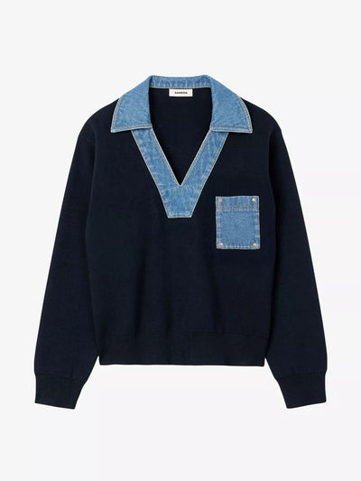 Sandro Denim-detail relaxed-fit knitted jumper at Collagerie