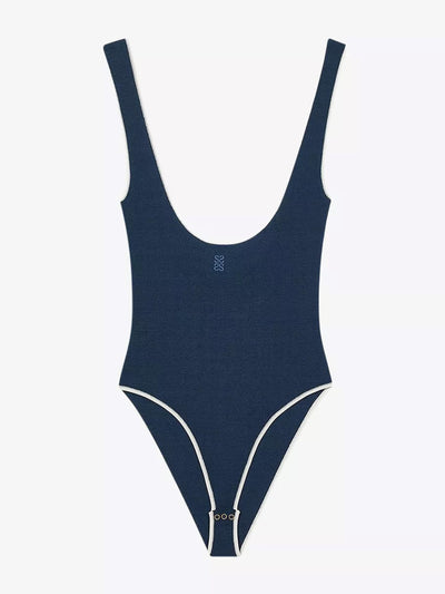 Sandro Katia logo-embroidered contrast-trim stretch-woven bodysuit at Collagerie